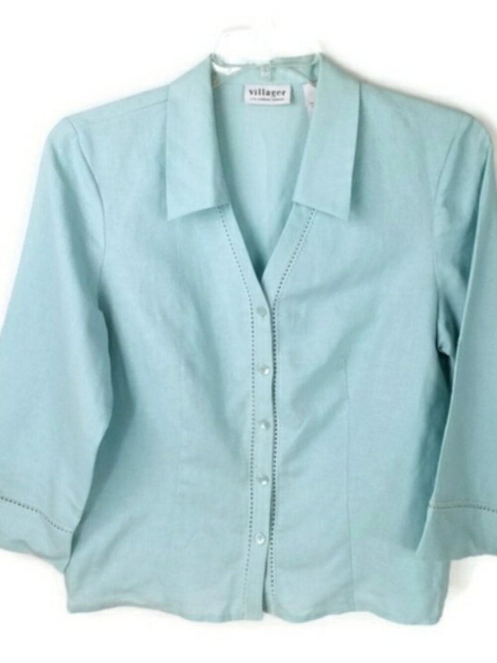 Vintage Villager Light Blue 3/4 Sleeve Button Up Linen Blend Blouse Womens 14 - Picture 13 of 13